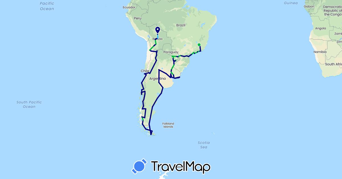 TravelMap itinerary: driving, bus, boat in Argentina, Bolivia, Brazil, Chile, Paraguay, Uruguay (South America)